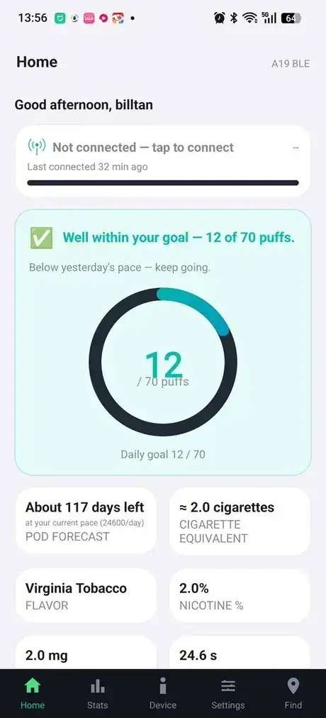App home screen showing today's puff count against goal, days remaining, cigarette equivalent, flavour and nicotine strength