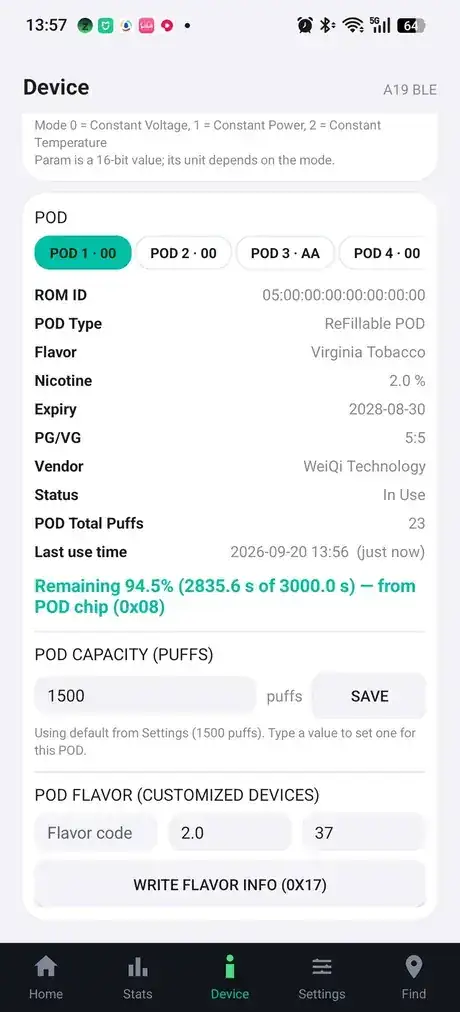 App POD screen showing flavour, nicotine, remaining capacity and per-POD settings