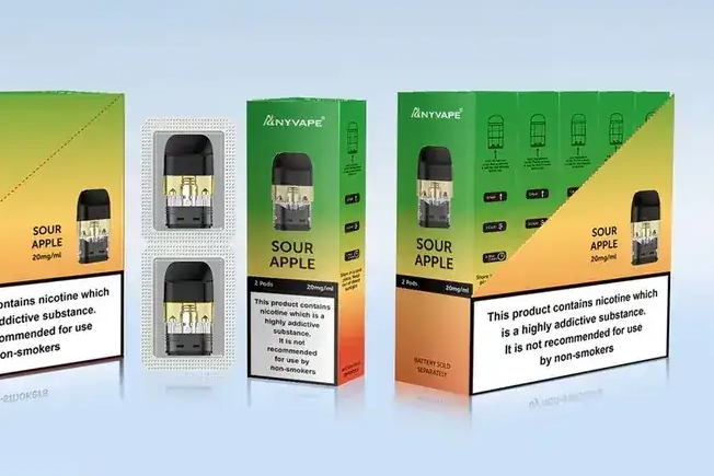 Anyvape PreFill POD retail colour box with two sealed capsules, 20 mg/mL nicotine, representative retail packaging